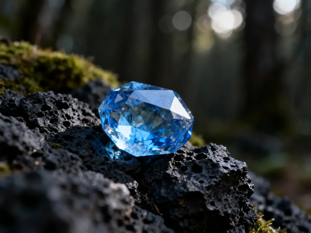 Surowy, niebieski topaz osadzony na ciemnej skale wulkanicznej, mieniący się w delikatnym świetle poranka.