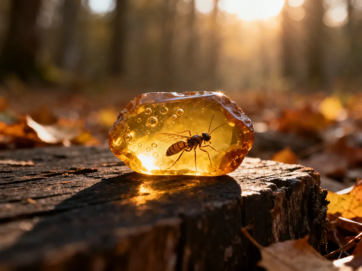 Surowy kawałek bursztynu z zatopionym owadem, oświetlony ciepłym światłem na drewnianym tle.