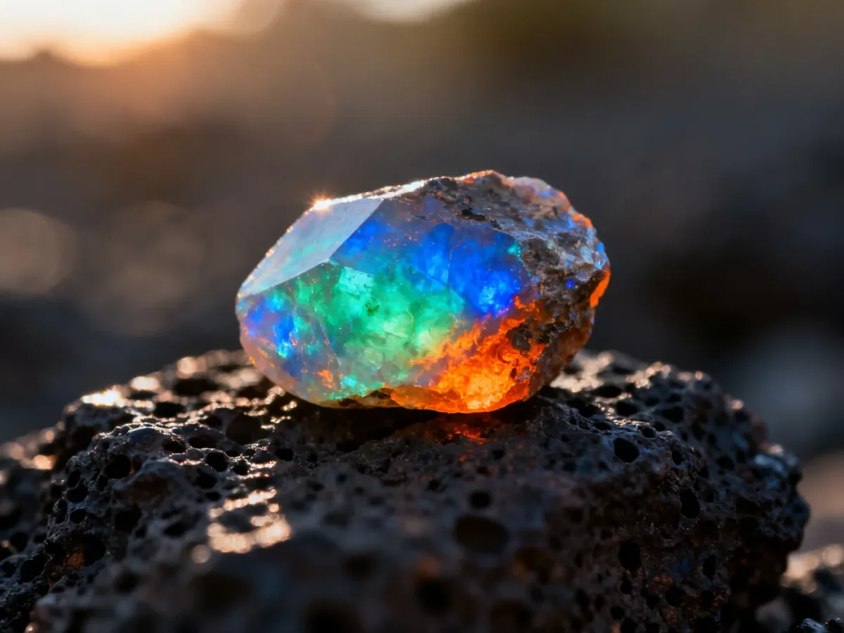 Surowy opal o wielobarwnych refleksach spoczywający na ciemnej skale wulkanicznej, podkreślający naturalne piękno minerału.