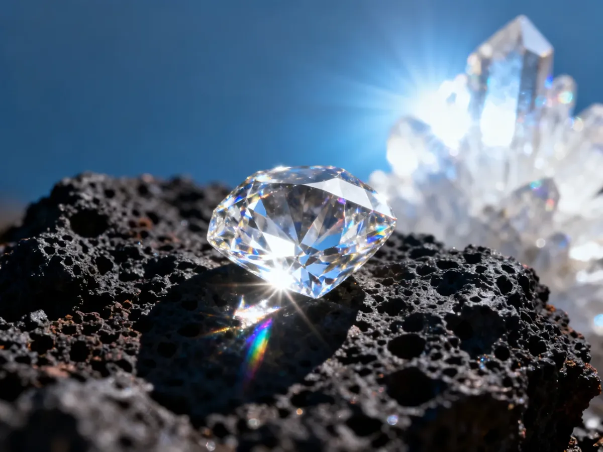Surowy, nieoszlifowany diament spoczywający na ciemnej skale wulkanicznej, mieniący się refleksami światła.