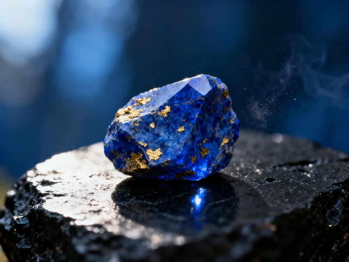 Surowy kamień lapis lazuli o głębokim niebieskim kolorze ze złotymi drobinkami pirytu na ciemnym, teksturowanym tle.